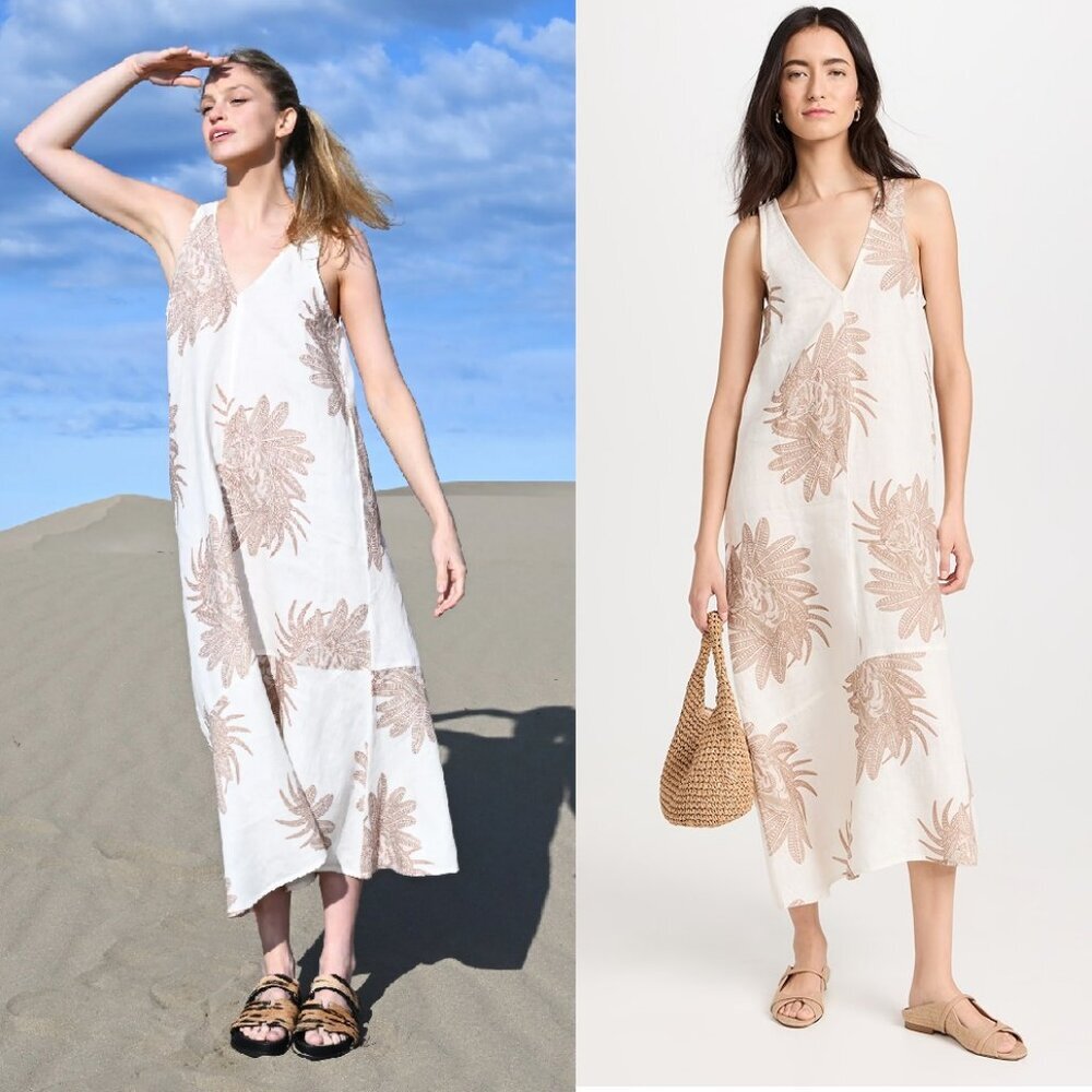 Las Surenas Day Dress in Greek Tiger White Linen Small